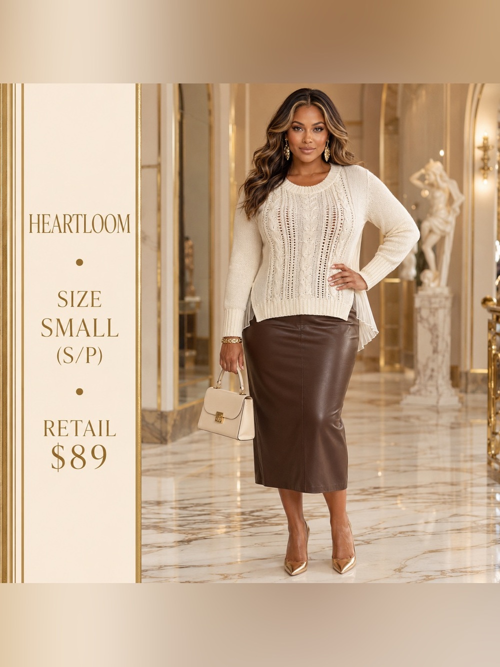 Heartloom Cream Cable Knit Sweater with Brown Leather Midi Skirt